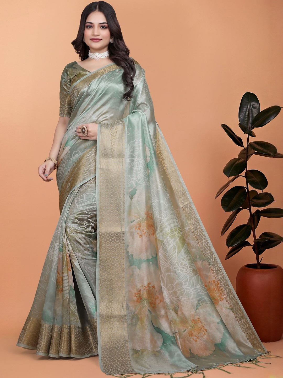 PRISHA FASHION Floral Jaali Floral Pattern & Printed Pallu Banarasi Saree