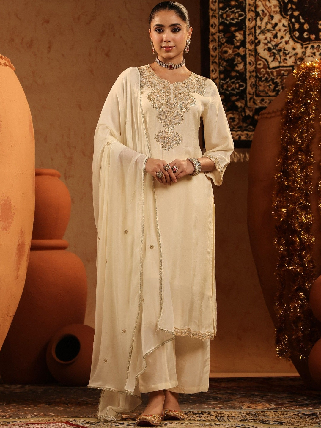 SCAKHI Women Handwork Embroidered Silk Kurta with Trousers & Dupatta