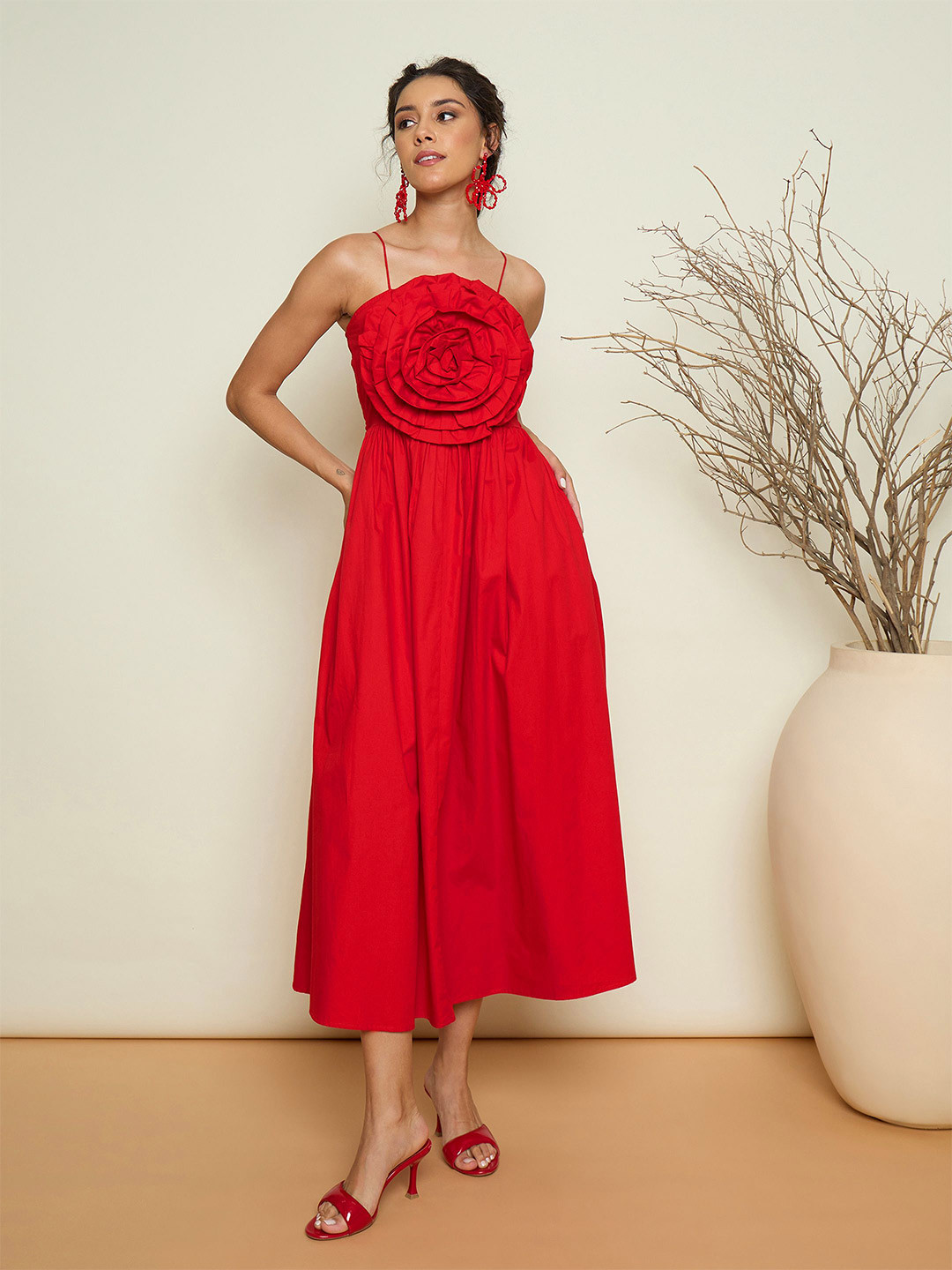 Pink Paprika by SASSAFRAS Women Ruffled Fit & Flare Midi Dress