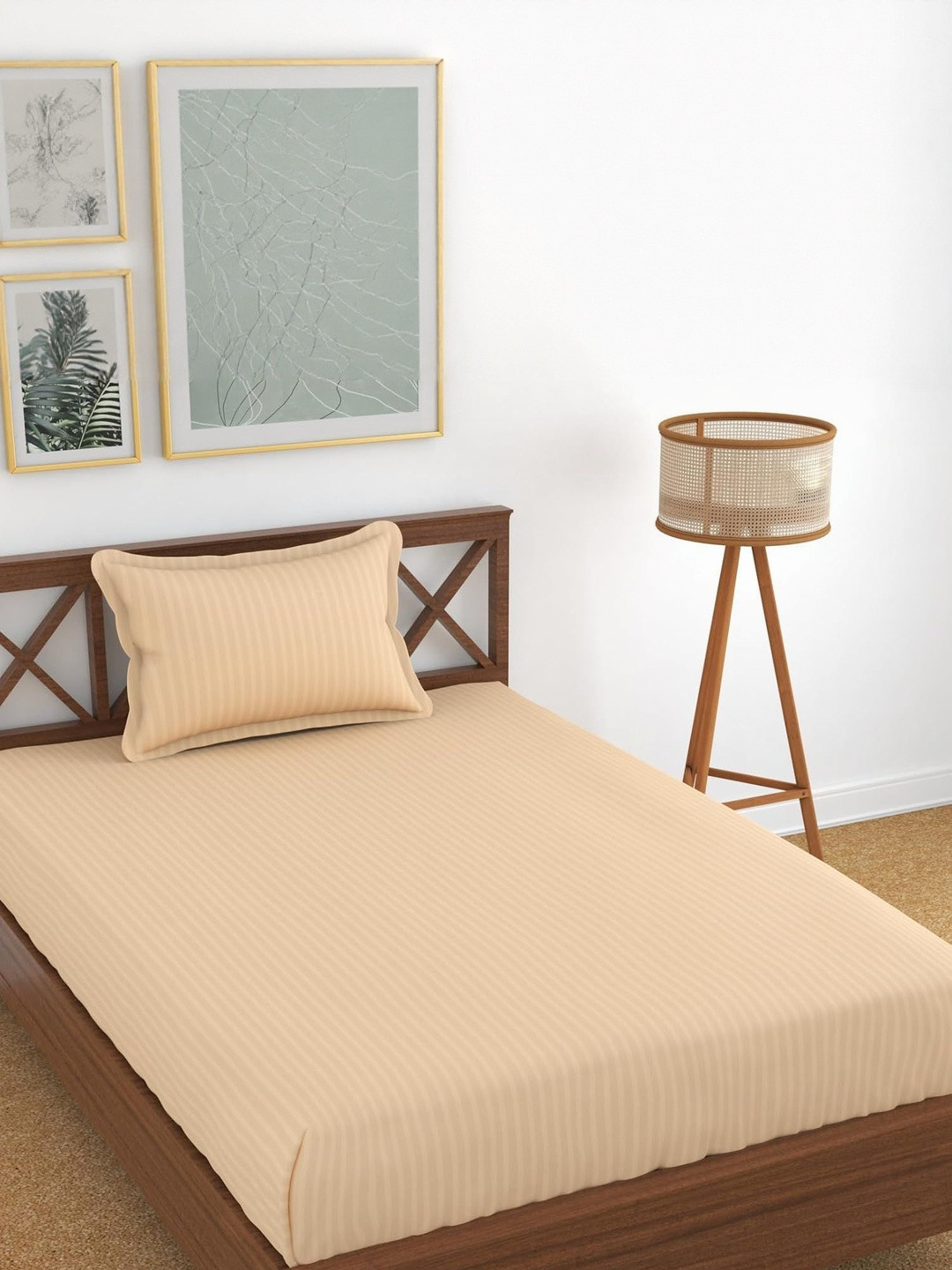 THE CONVERSION Beige Striped Cotton 210 TC Single Bedsheet Set 1.05 m x 2.25 m