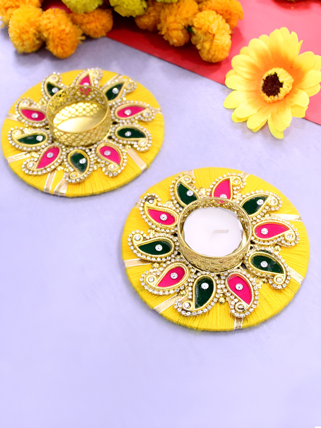 TIED RIBBONS Yellow & Gold-Toned 2 Pieces Candle Holders