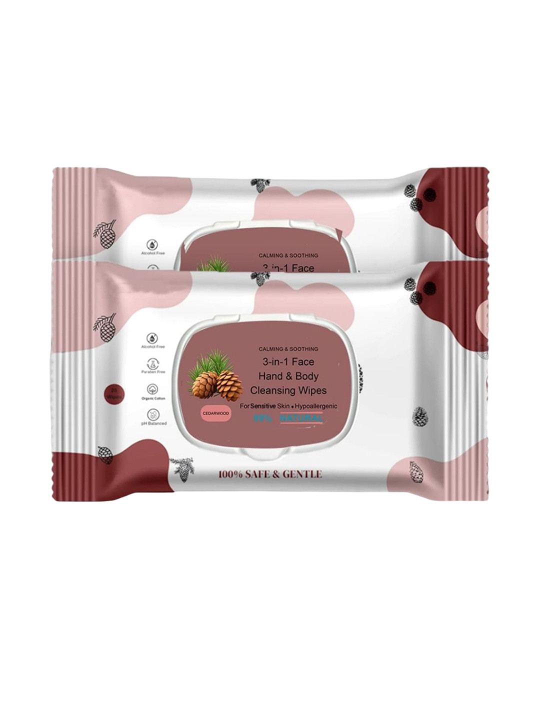 CURSIVE Set Of 2 Cedar Wood Face & Body Refreshing Wet Wipes- 25 Wipes Each