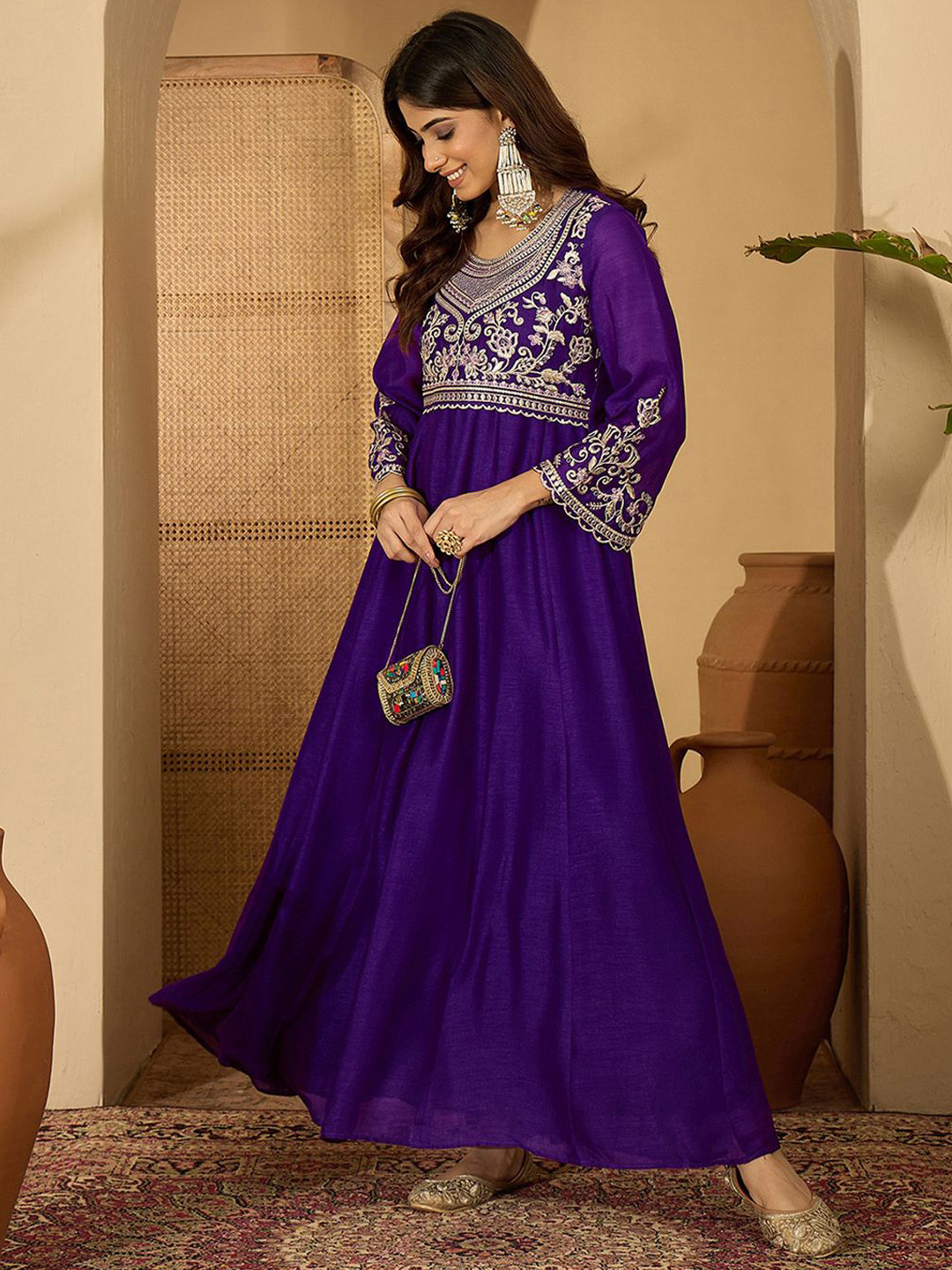 Sangria Zari Sequence Thread Embroidered Silk it & Flared Gown Ethnic Dress