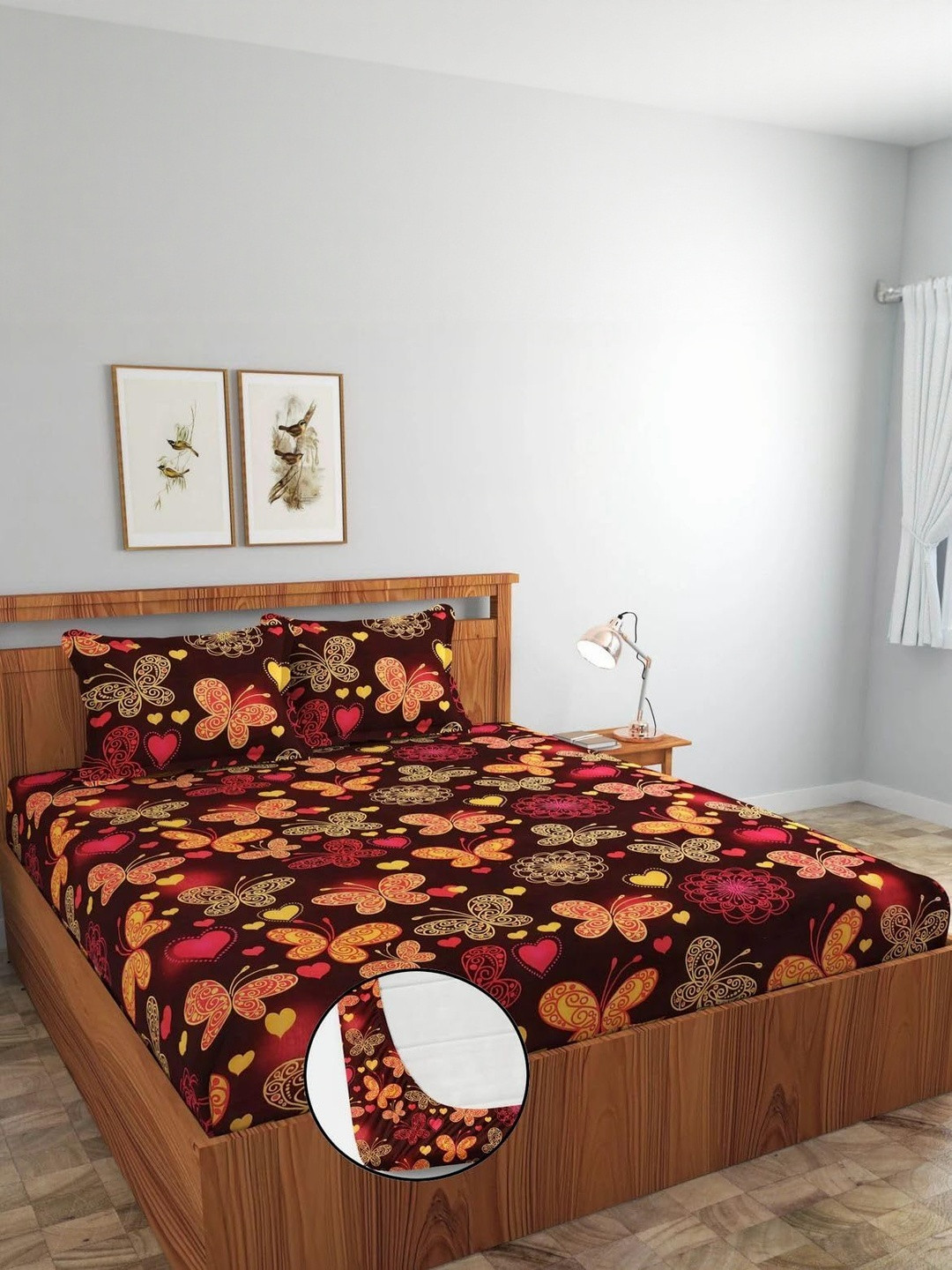 NEW TOWN Maroon & Orange Floral 210 TC King Bedsheet Set