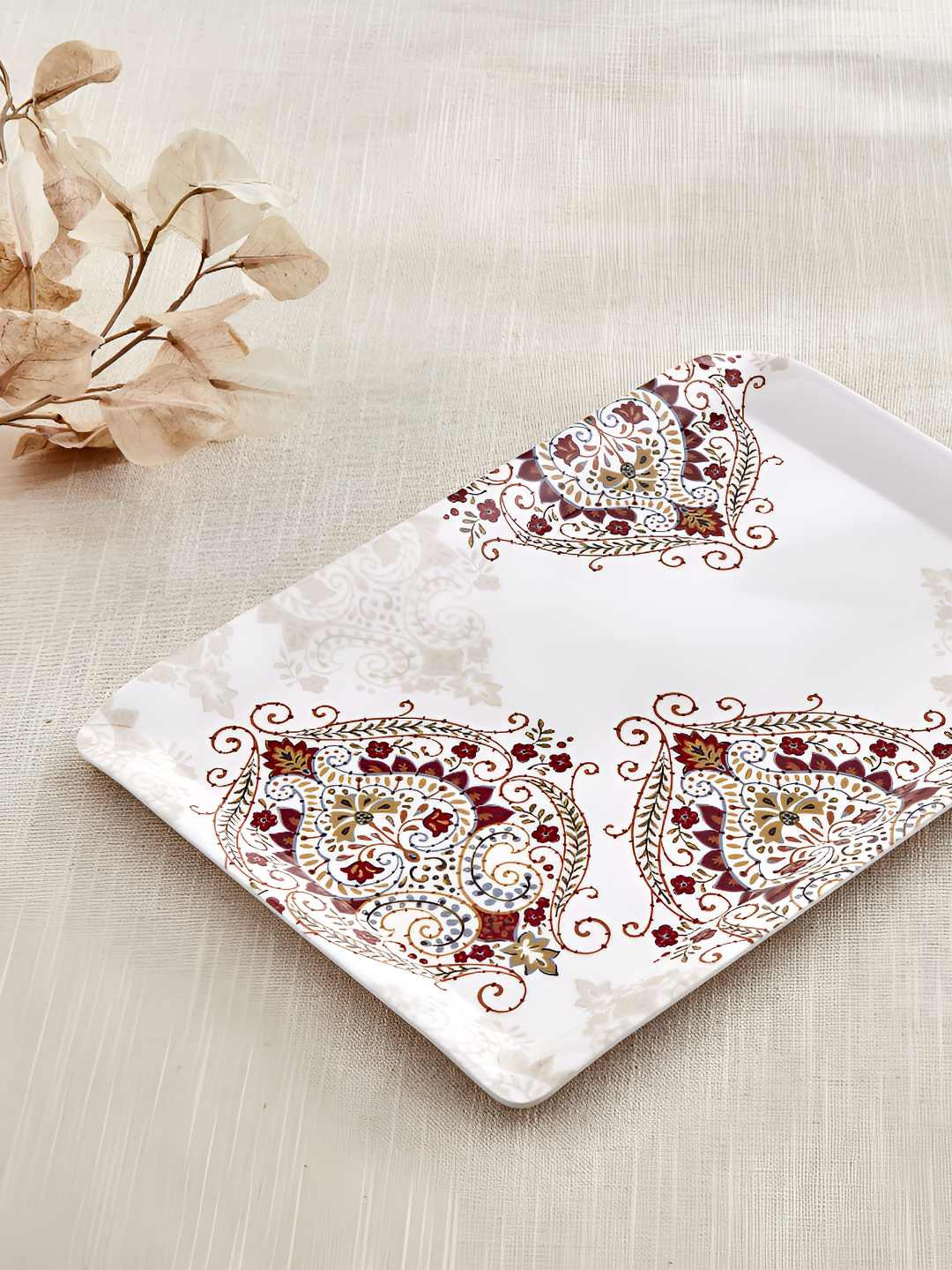 Home Centre Nesto Stylin Beige & Maroon Printed Melamine Serving Tray