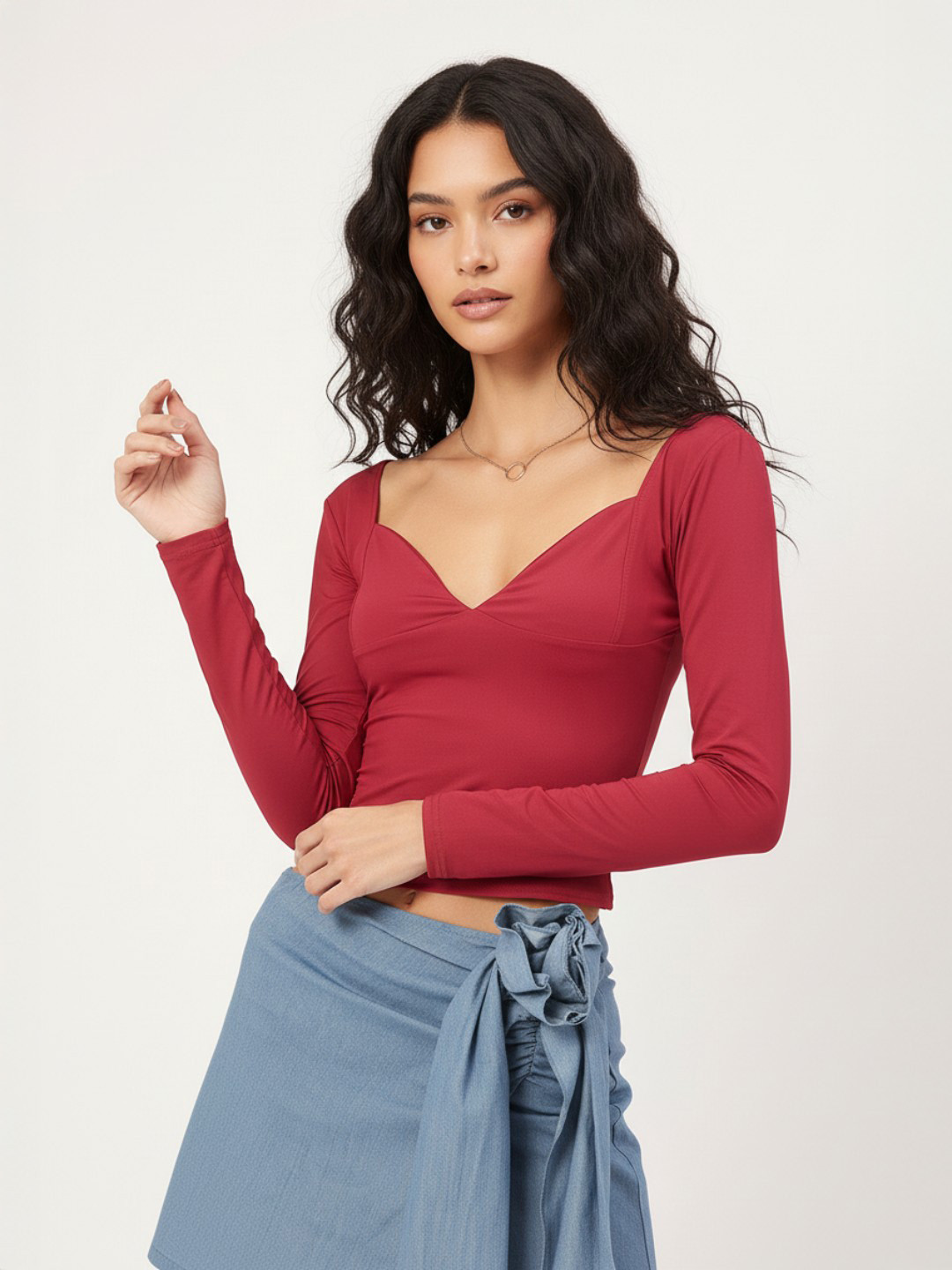 DressBerry Elevated Essentials Plunge Sweetheart Fitted Crop Top