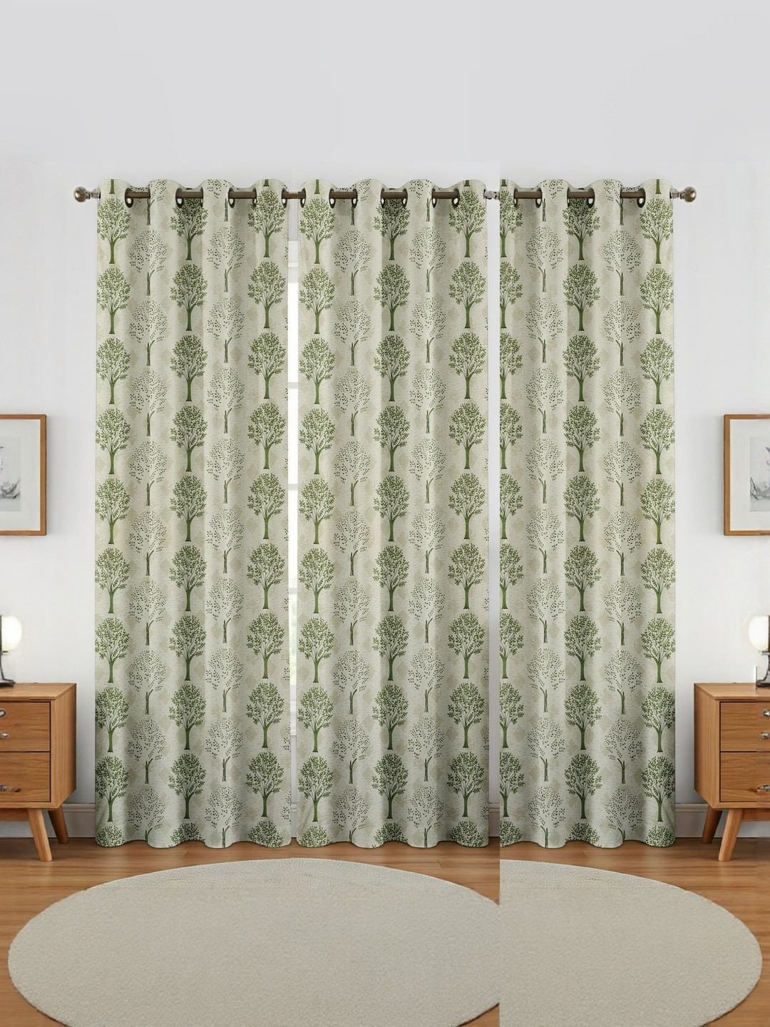 GEET CREATIONS Sprit-Vat Green 3 Pieces Printed Room Darkening Long Door Curtains