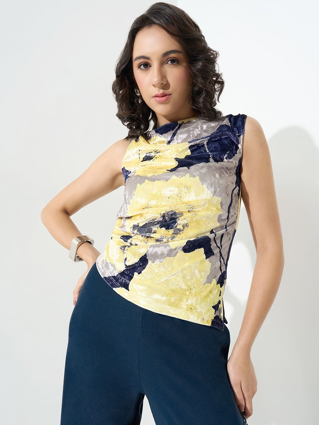 Honey by Pantaloons Women Abstract Printed Cowl Neck Fitted Top