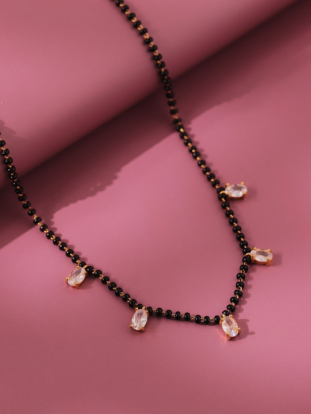 Voylla Essentials Chandni Gold-Plated American Diamond Stone Studded & Beaded Mangalsutra