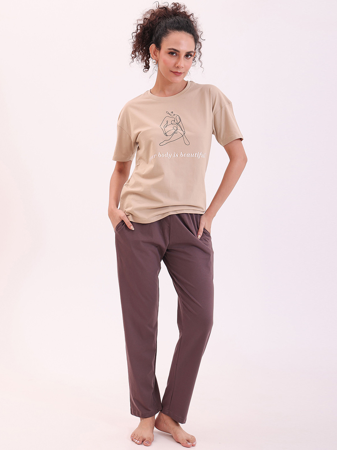 NAP STORY Women Cotton Mid-Rise Inner Elastic Straight Lounge Pants