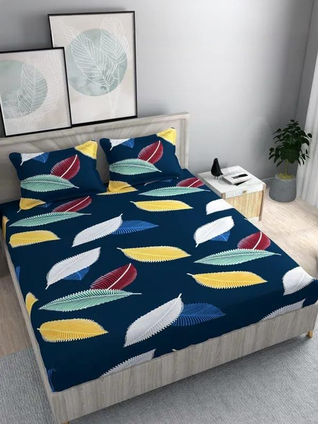 NEW TOWN Navy Blue & Yellow 210 TC Queen Bedsheet with 2 Pillow Covers