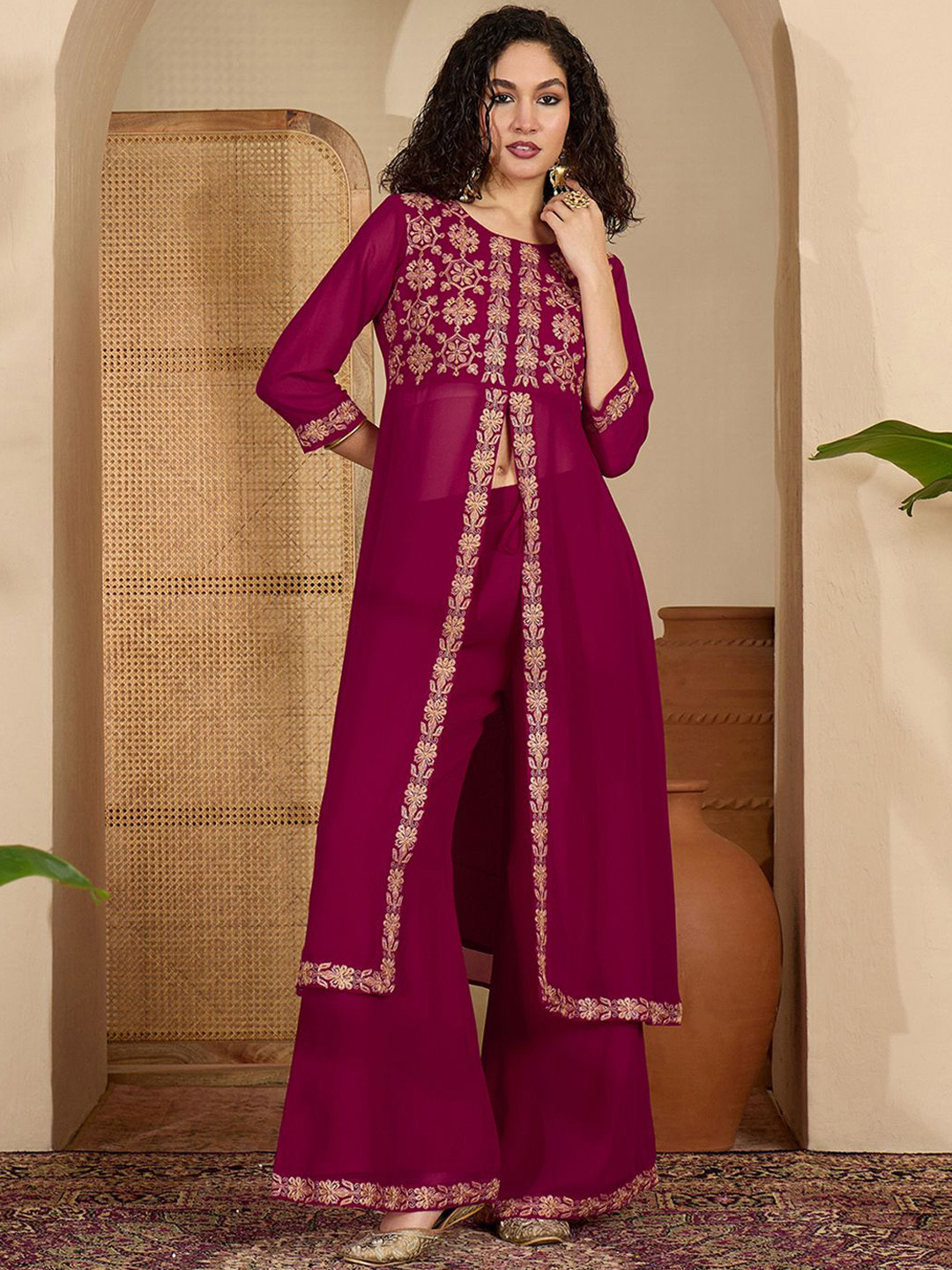 Sangria Floral Chain Embroidered Thread Work Round Neck Tunic With Trousers