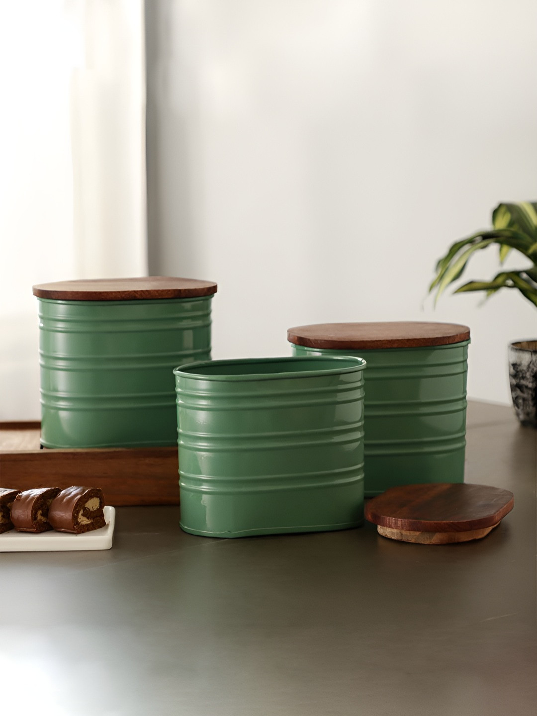 Maison Modern Green 3 Pieces Easy To Clean StorageTea Sugar Coffee Jar Containers