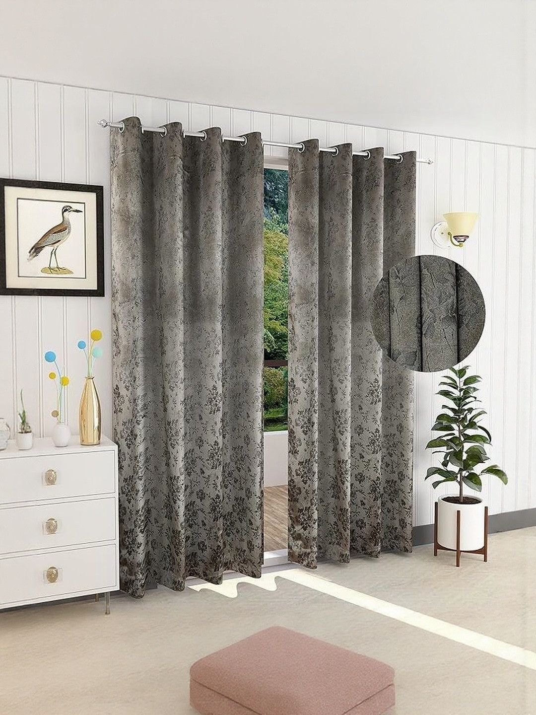 LUZDECOR Grey  2 Pcs Floral Printed Black Out Breathable Velvet Window Curtains