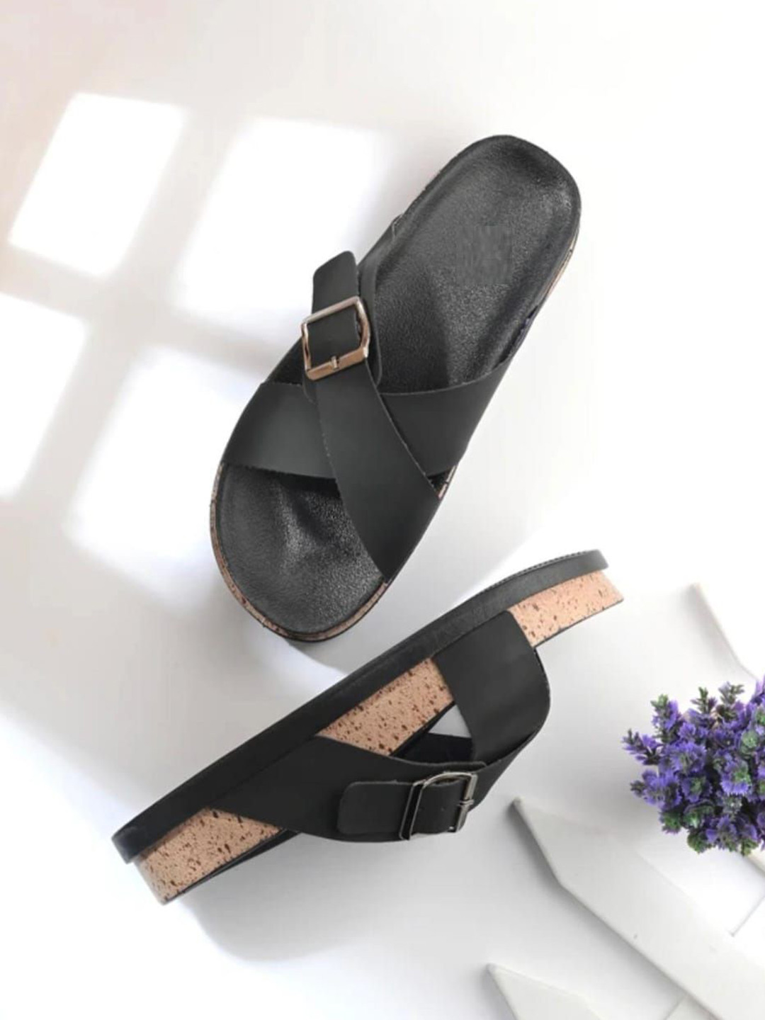 Shozie Solid Buckle Details Casual Sliders