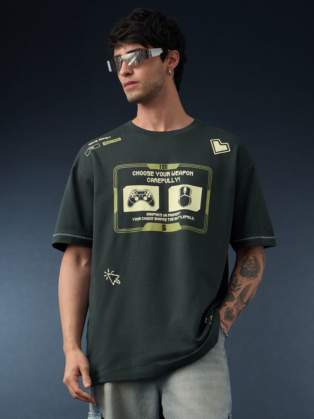 The Souled Store Oversized Pc Vs Console Graphic Printed Round Neck Pure Cotton T-Shirt