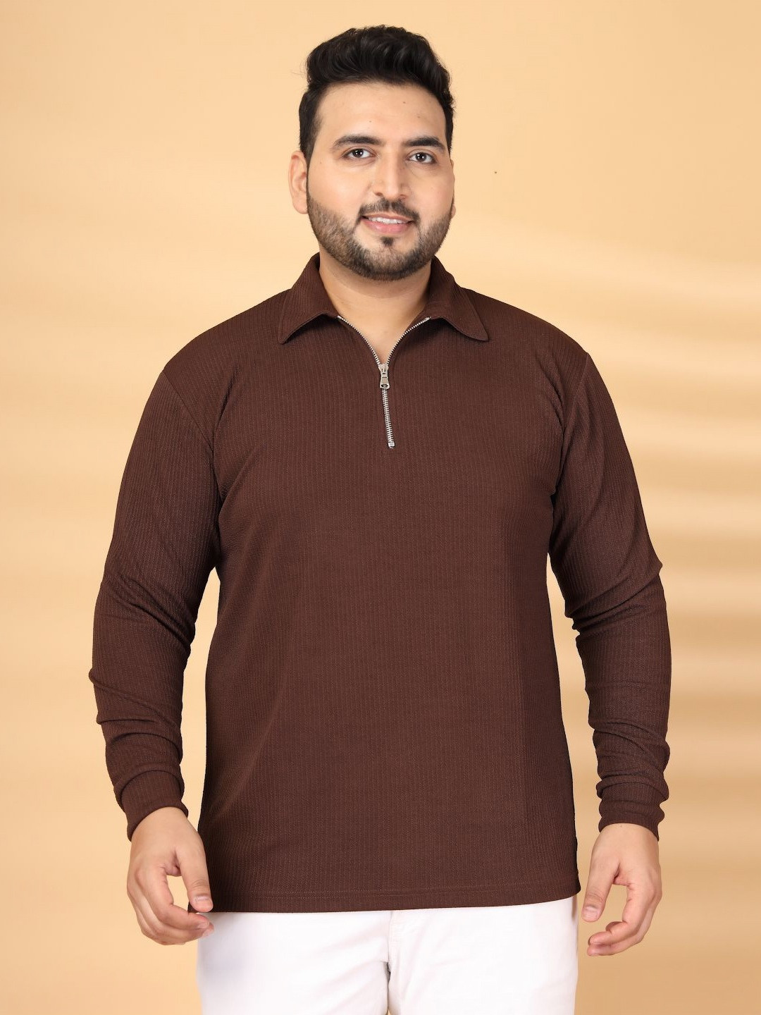 plusS Men Plus Size Ribbed Polo Collar T-shirt
