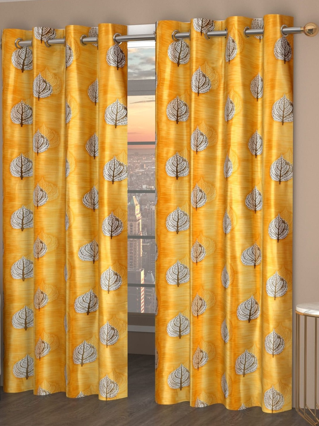 GEET CREATIONS Softy-PanPatta Gold-Toned 2 Pieces Printed Room Darkening Window Curtains