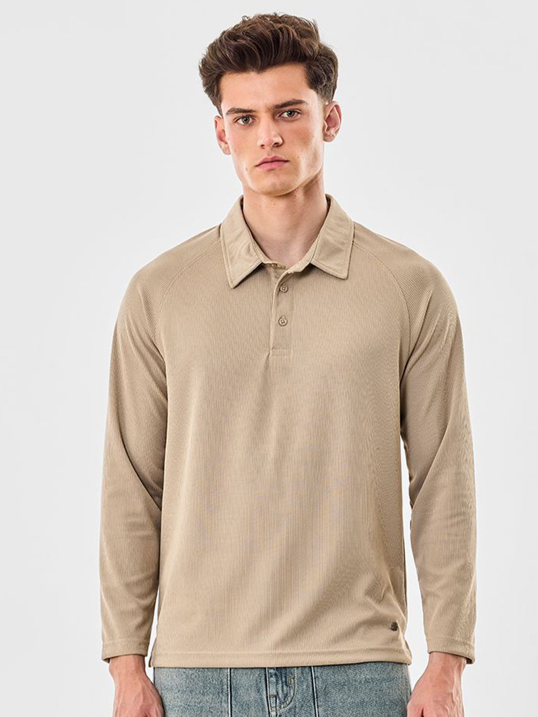 Snitch Men Beige Textured Self Design Polo Collar T-shirt