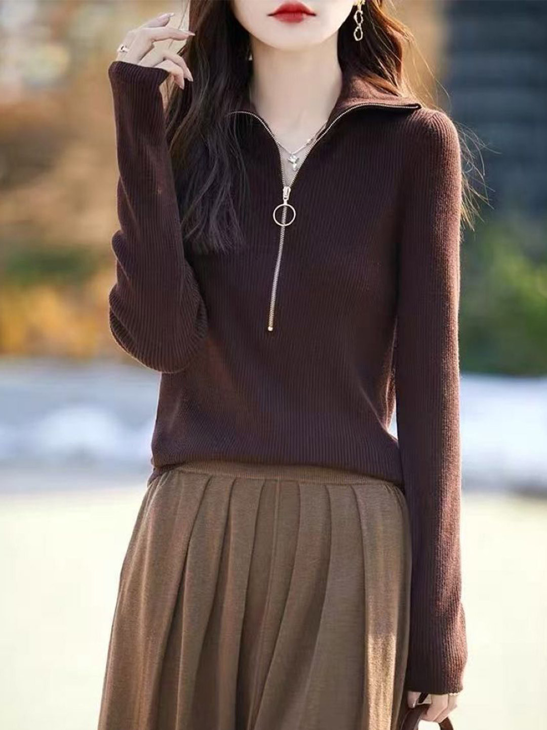 StyleCast Women Ribbed Shirt Collar Loose Fit Pullover