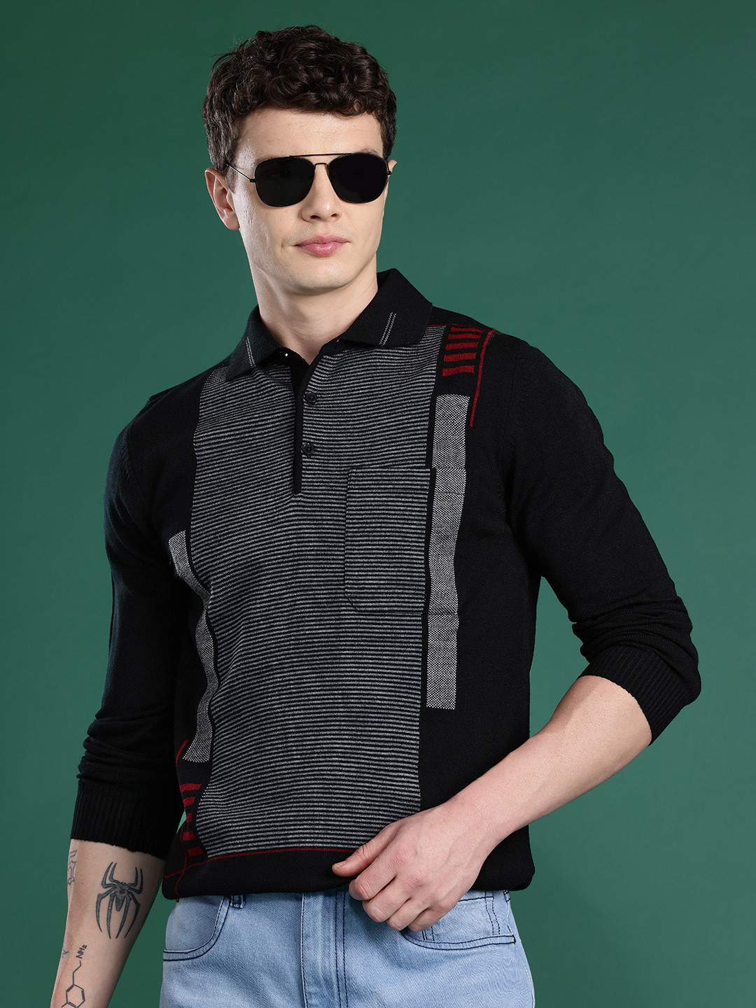 Cayman Horizontally Self-Striped Polo Collar Woolen T-shirt