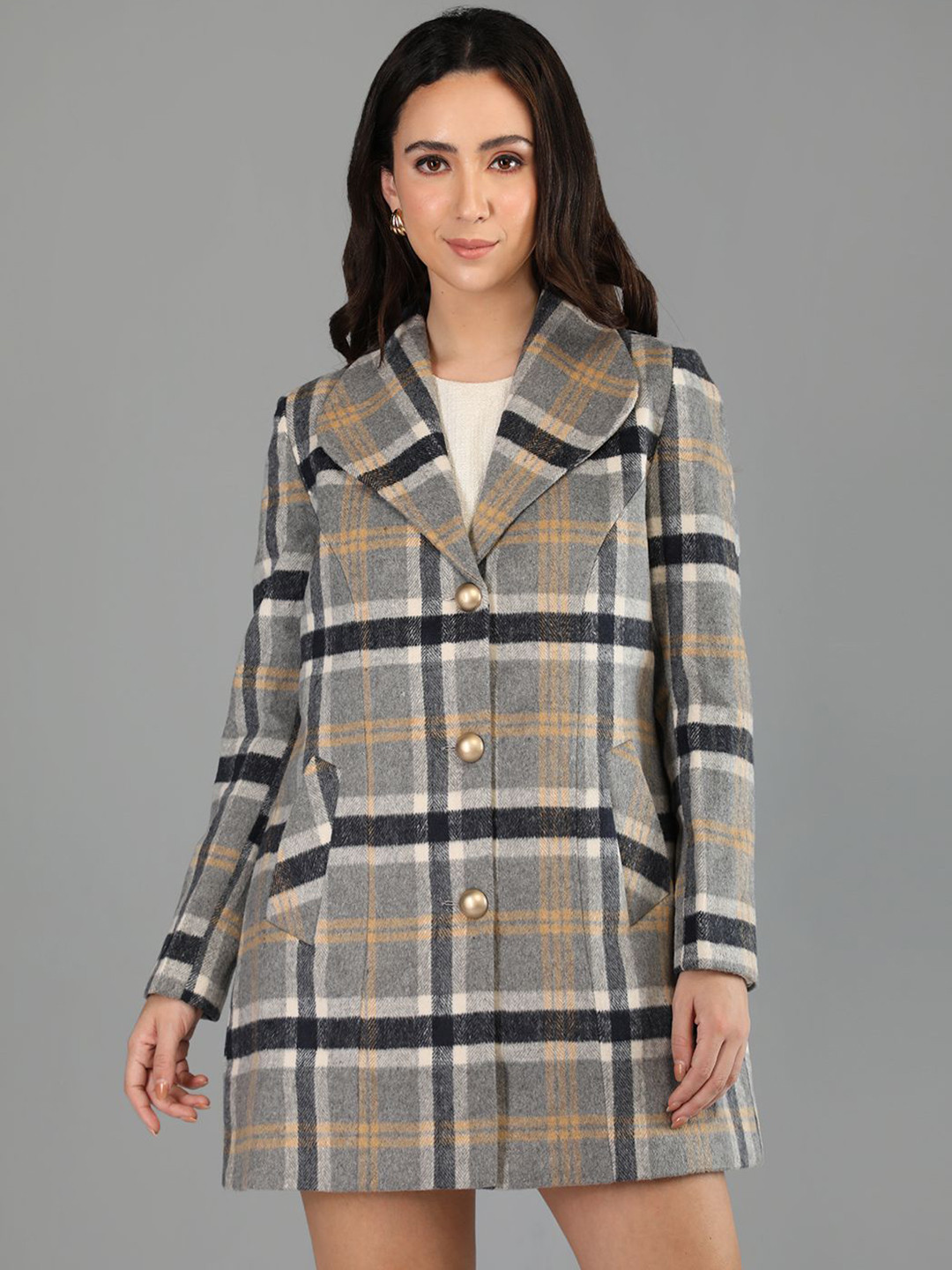 HONNETE Women Checked Regular Fit Single-Breasted Stylish Trench Coat
