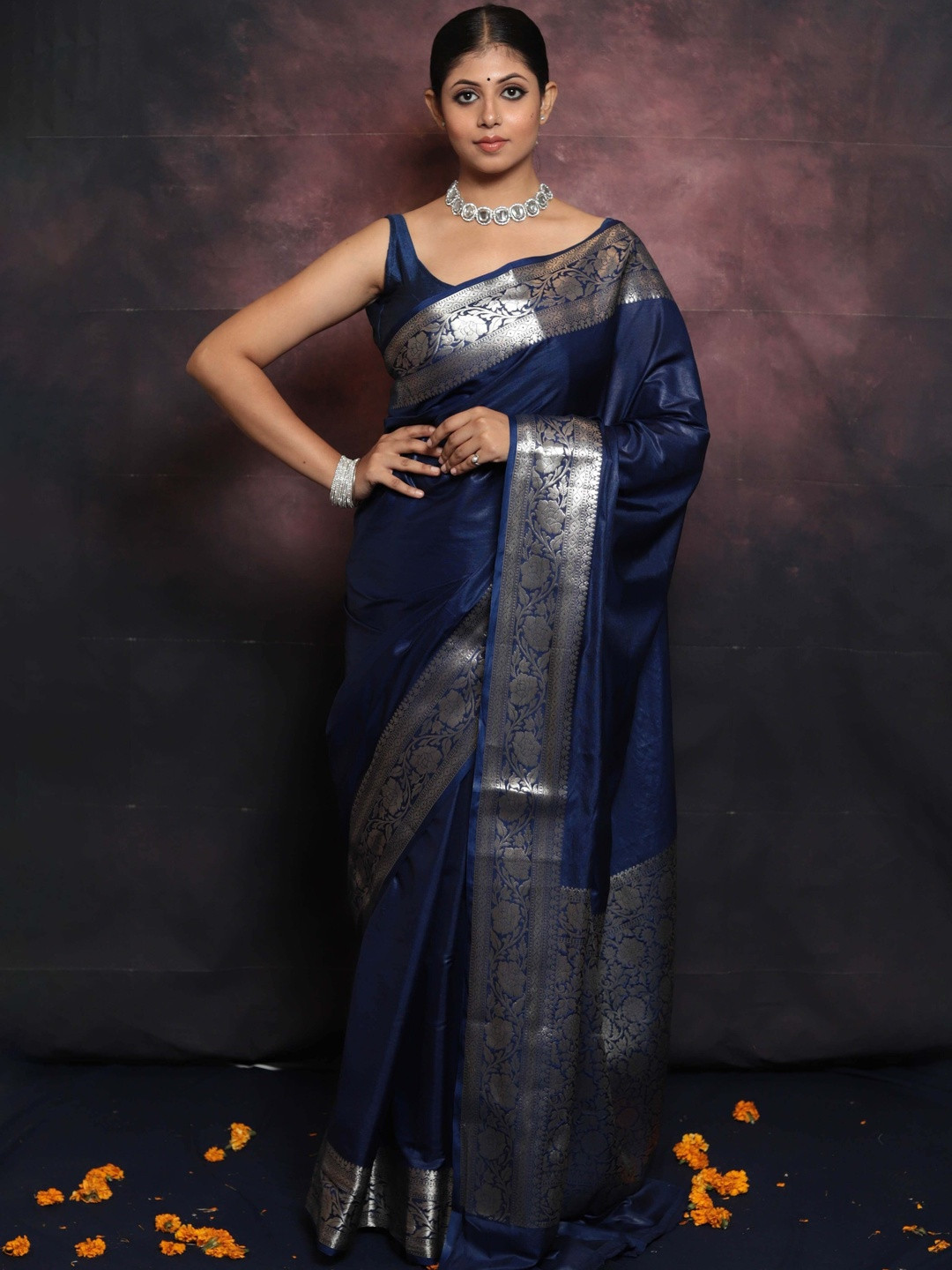 Snofi Creation Women Blue Woven Design Zari Art Silk Kanjeevaram Saree