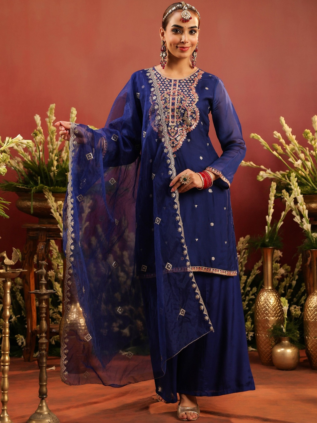 SCAKHI Women Midnight Blue Organza Silk Embroidered Sharara Set
