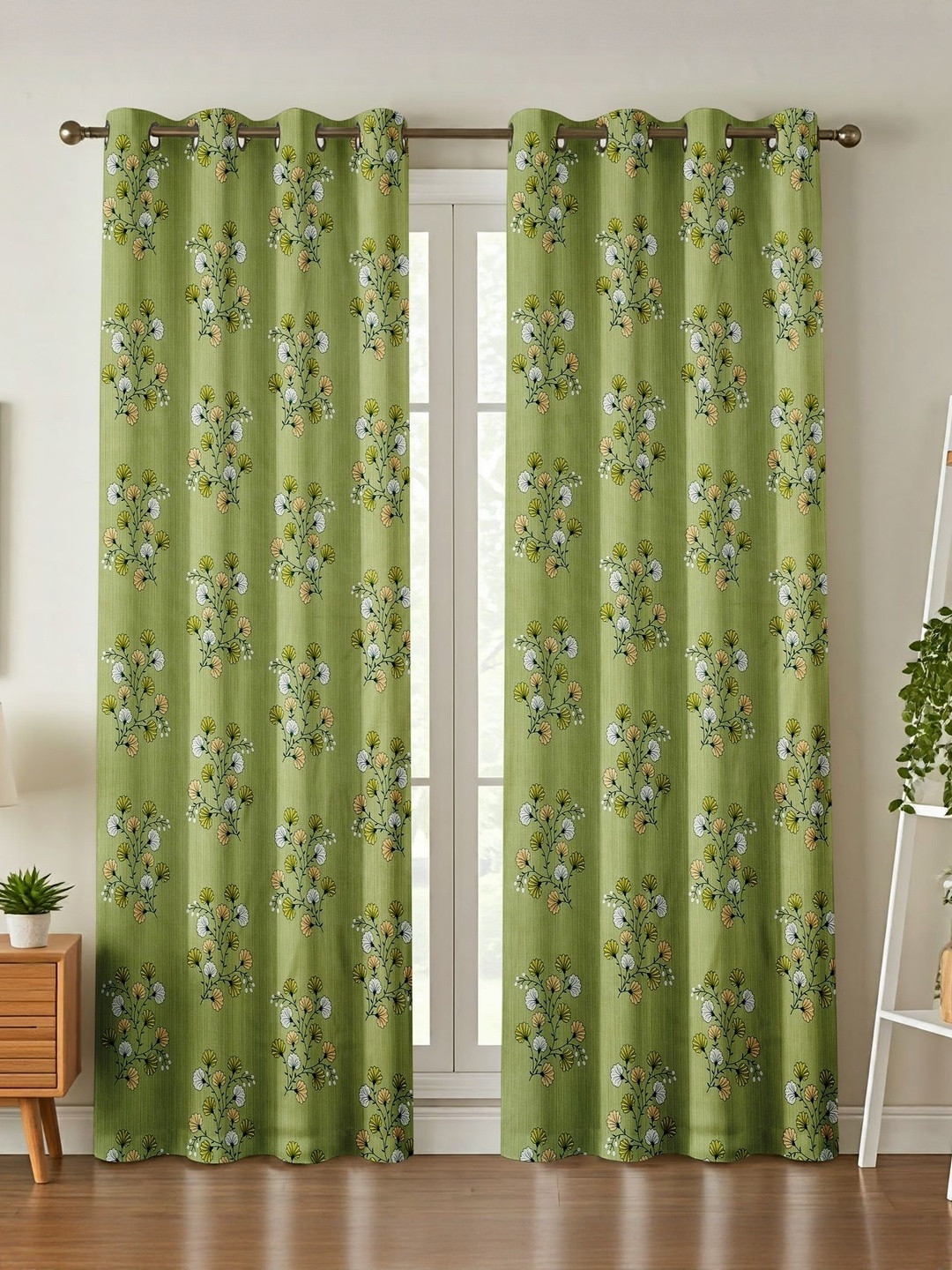 GEET CREATIONS Guldasta Green & White 2 Pieces Printed Room Darkening Window Curtaind