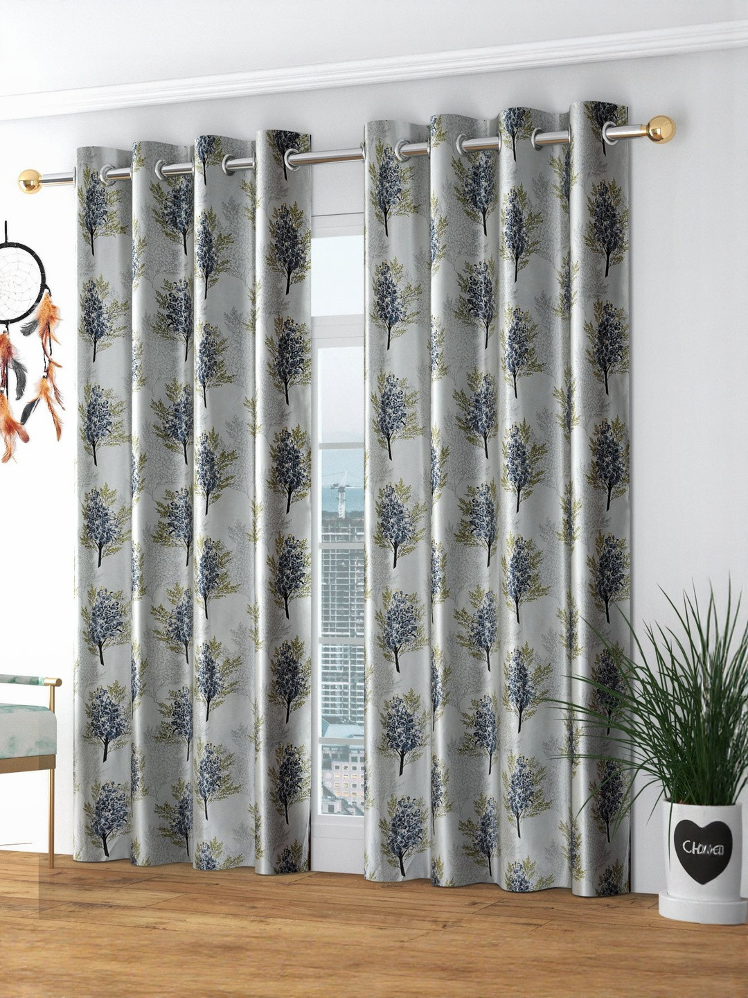 GEET CREATIONS Softy-Angur Grey & Black 2 Pieces Printed Room Darkening Window Curtains