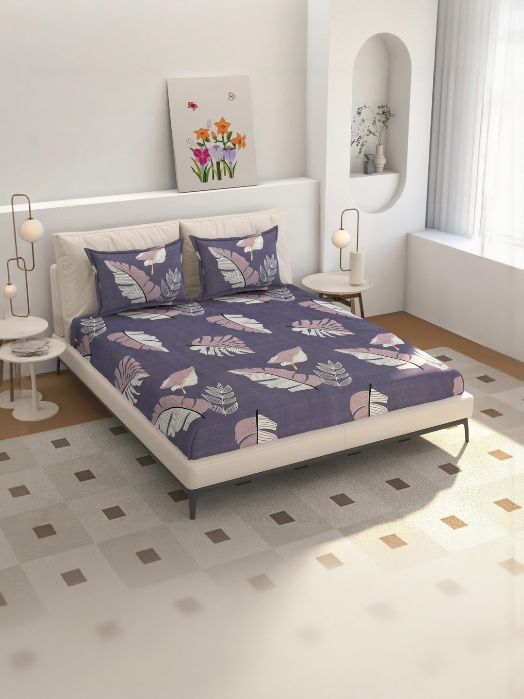 NEW TOWN Grey & Pink 210 TC king Bedsheet Set