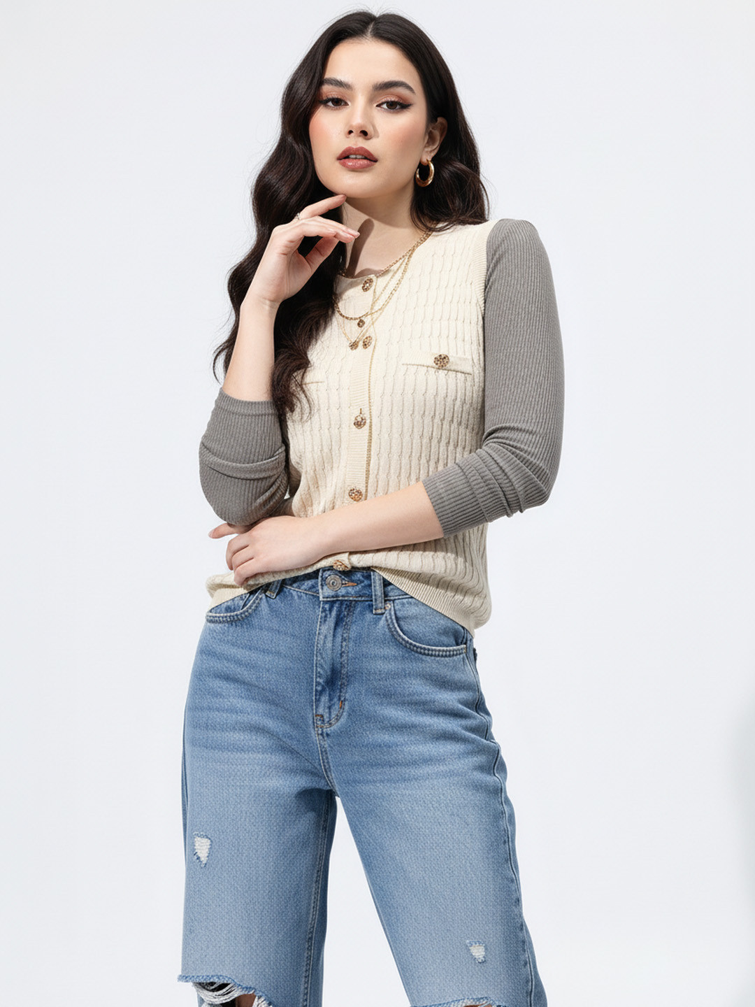 glitchez Women Mock Details Cable Knit Cardigan