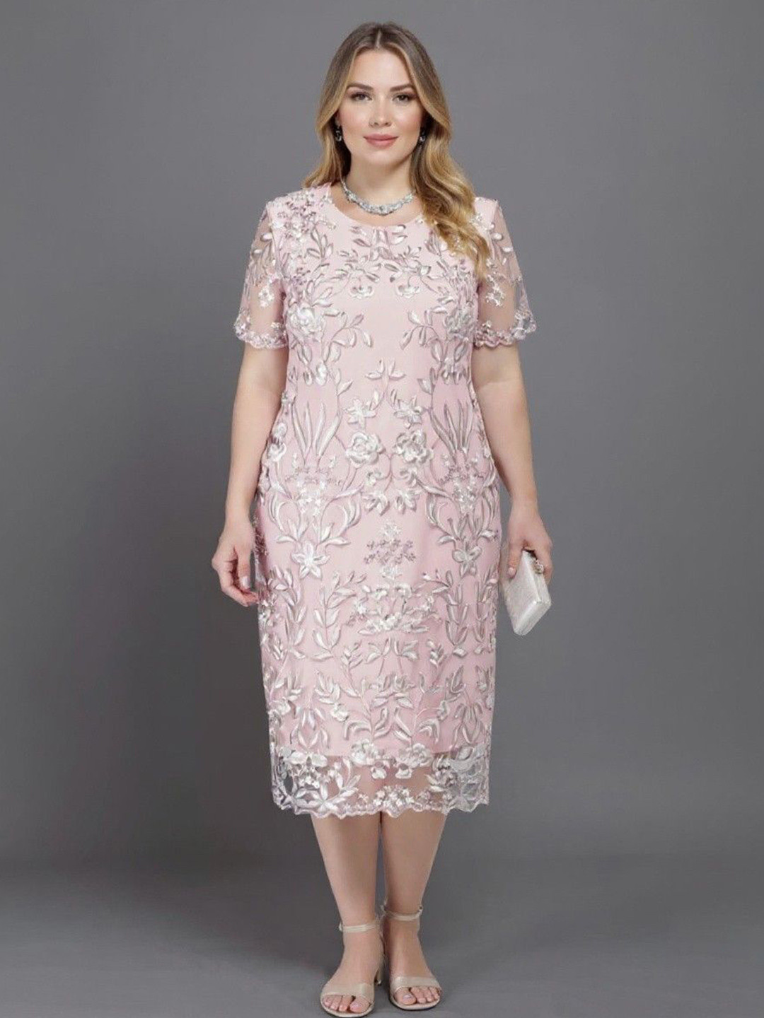 DressBerry Curve Pink Floral Emboridered Round Neck Sheath Mini Dress