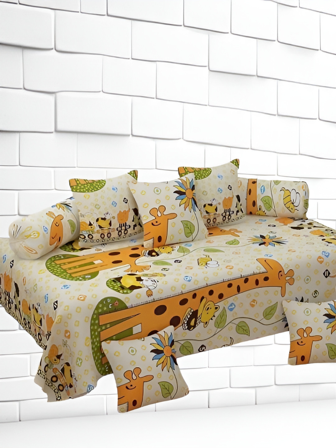 WELLNEST Set of 8 Yellow & Off White Giraffe Printed Cotton Diwan Set