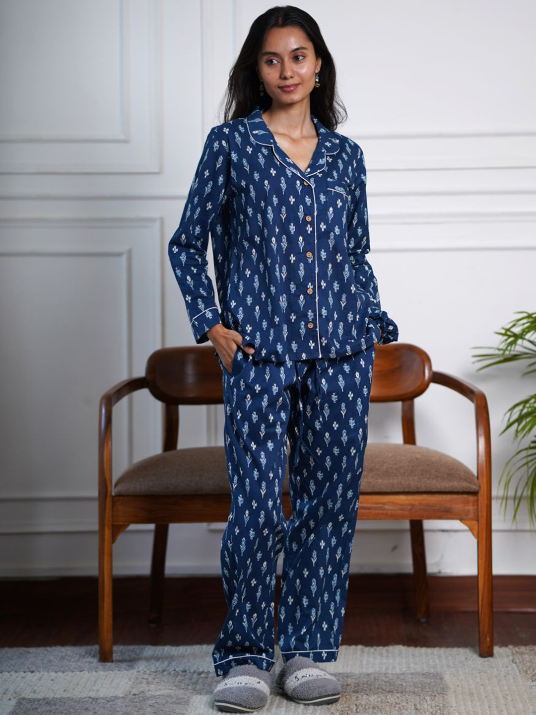 The Quince Life Womens Navy Blue Cotton Co-ord Set
