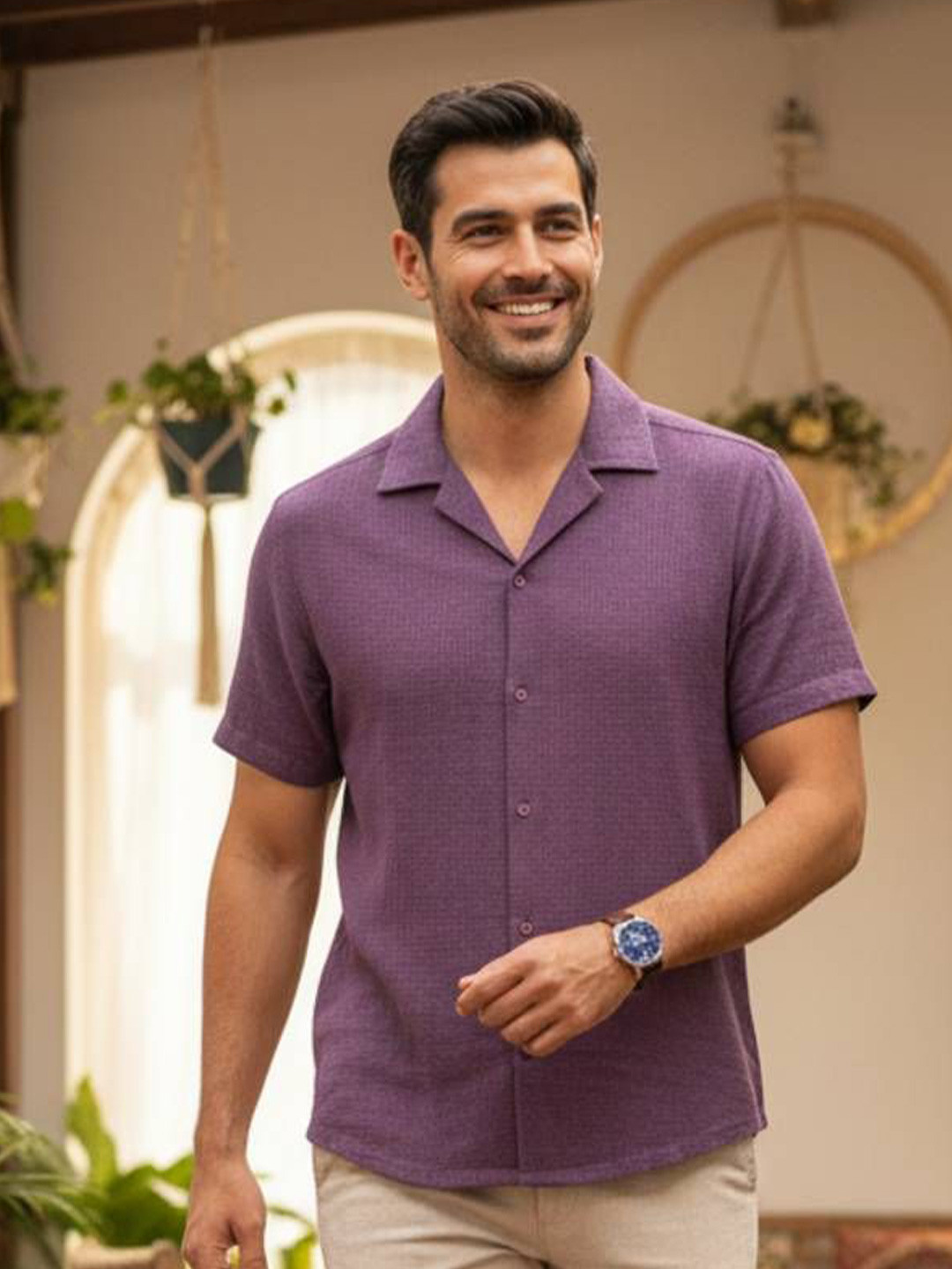 TRULOOM Textured Cuban Collar Regular Sleeves Regular Fit Cotton Casual Shirt