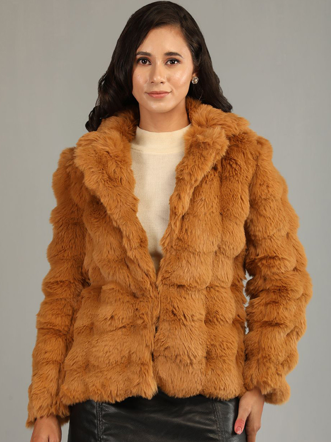 HONNETE Self Design Notched Lapel Pea Coat