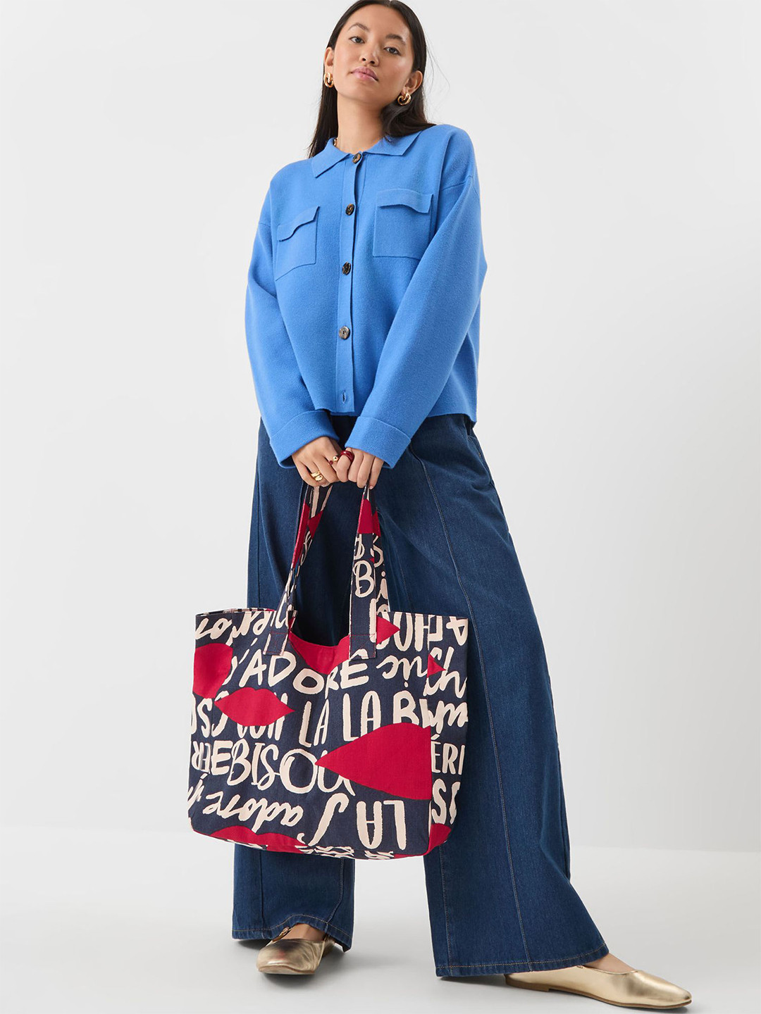 Accessorize Navy Blue & Red Typography Printed  Cotton Shopper Tote Bag