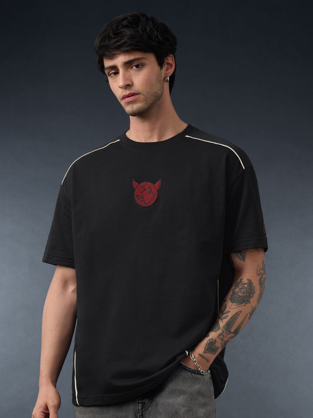 The Souled Store Oversized S W Smiley Good Trouble Applique Pure Cotton T-shirt