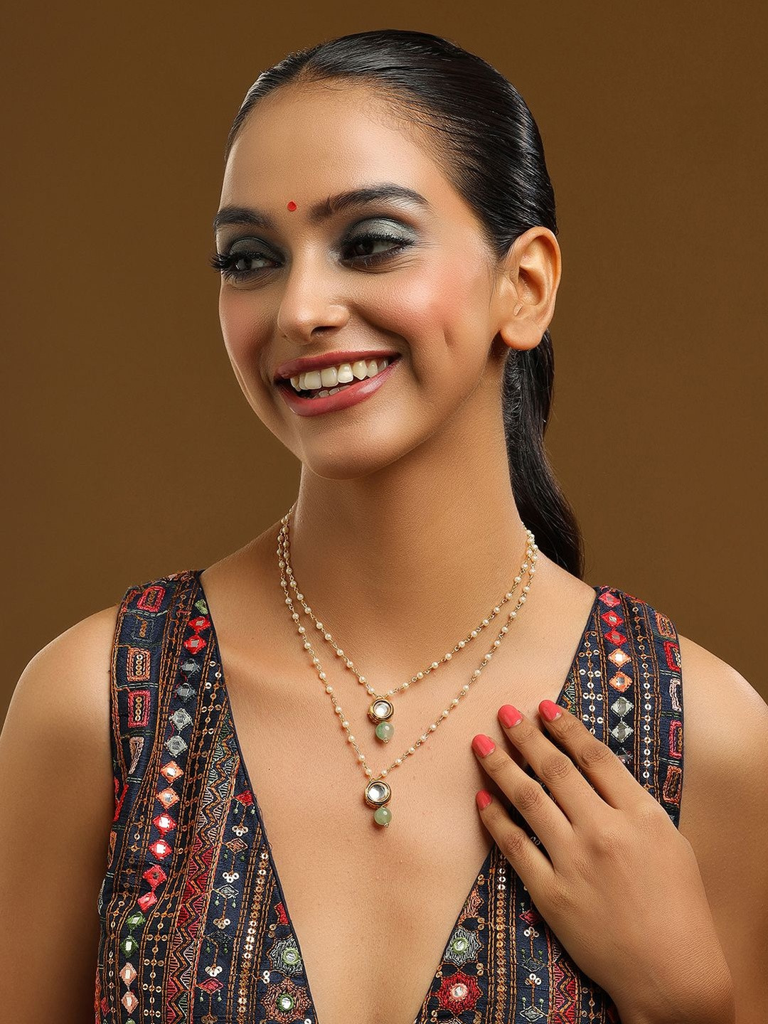 Ruby Raang Gold-Plated Real Stones Studded Layered Necklace