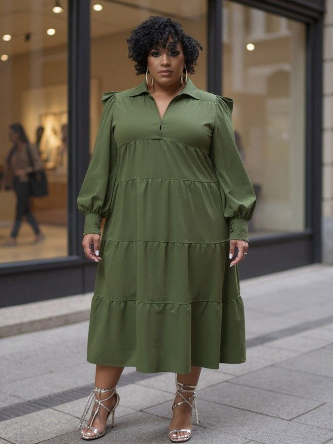 DressBerry Curve Women Gathered or Pleated Tiered Shirt Collar Long Sleeves Midi Dress