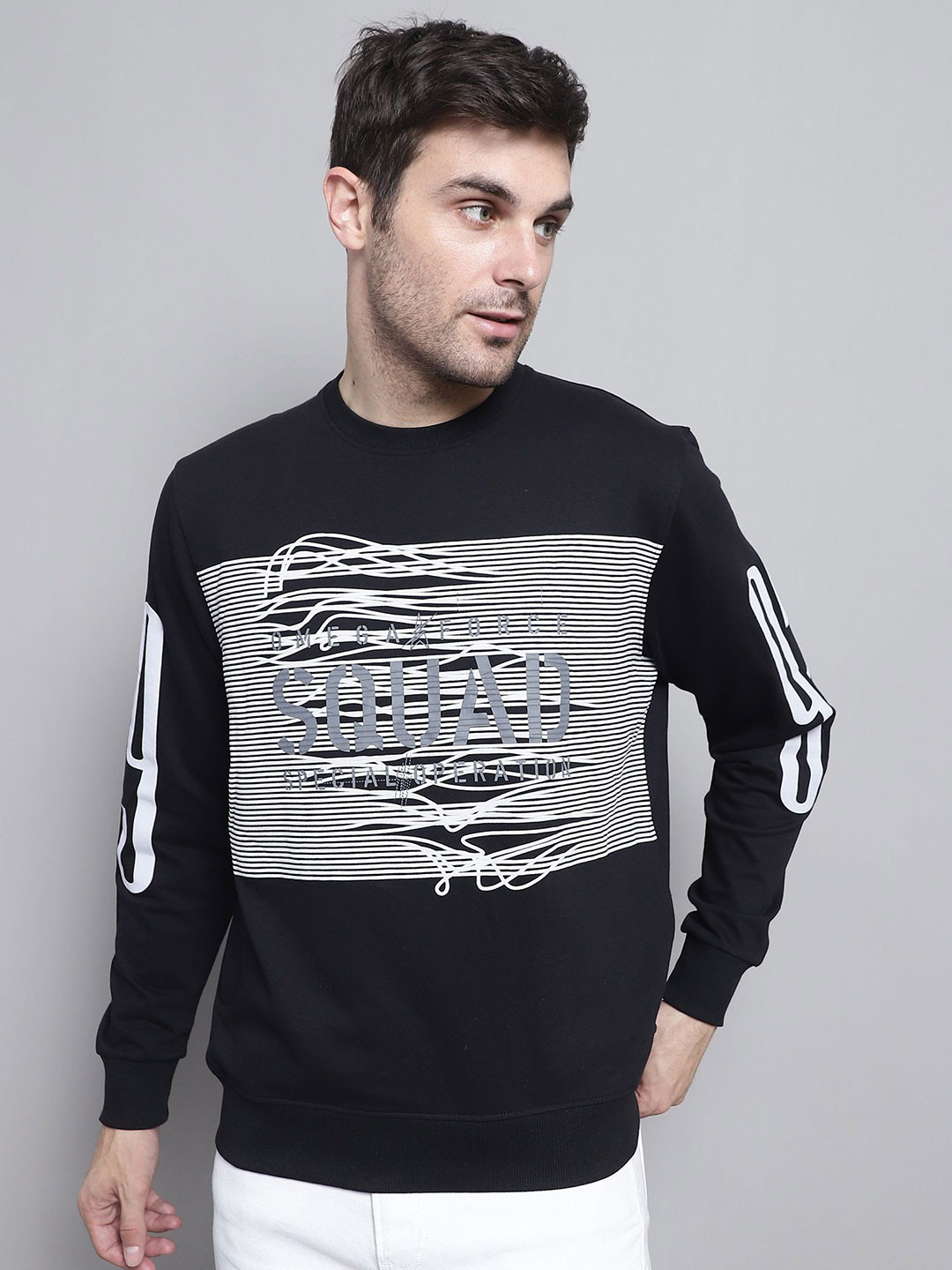 Davno Typography Printed Crew Neck Long Sleeves Ribbed Hemline Pullover Sweatshirt