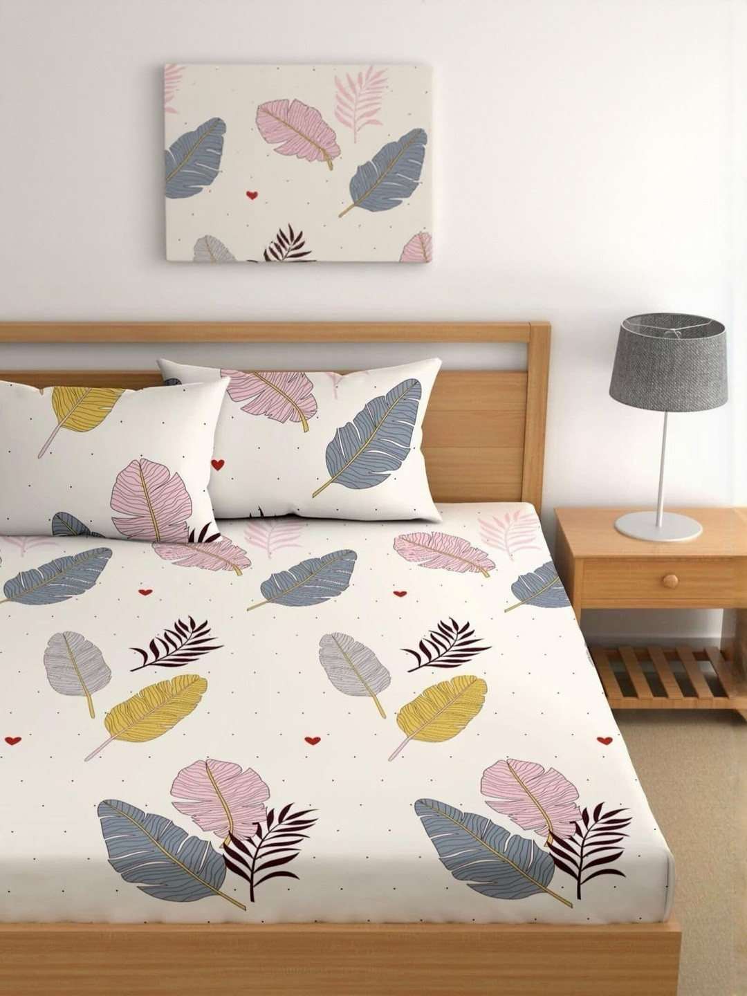 NEW TOWN Cream-Coloured & Yellow Geometric 210 TC Queen Bedsheet with 2 Pillow Covers