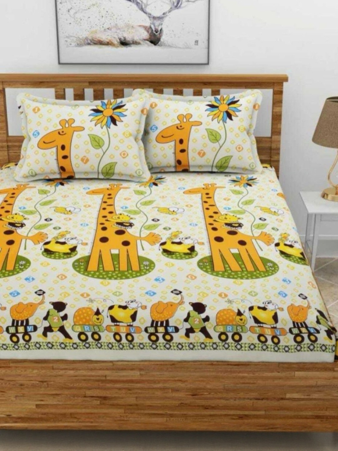NEW TOWN Yellow Cartoon Characters 210 TC Queen Bedsheet with 2 Pillow Covers