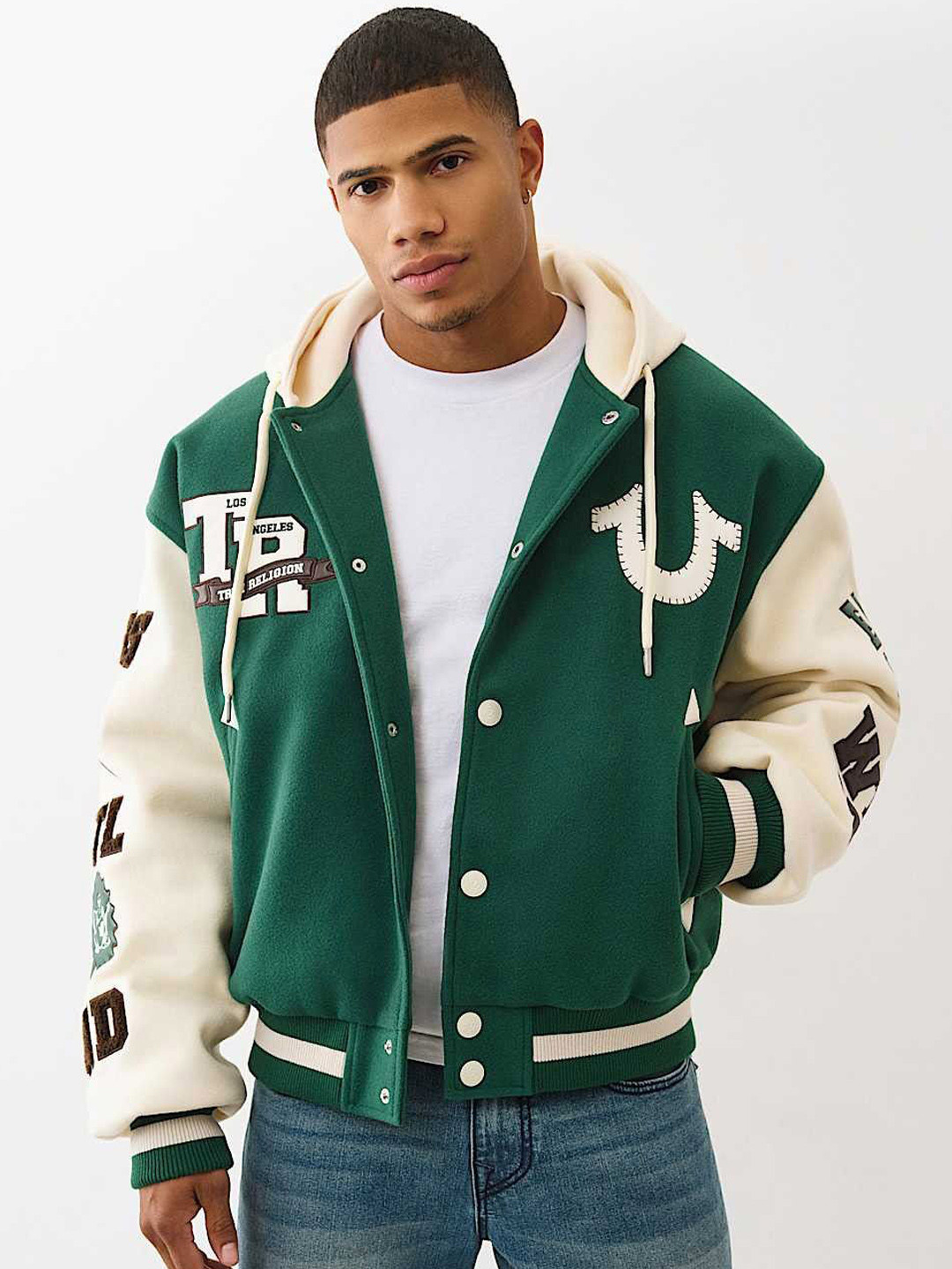 True Religion Graphic Embroidered Hooded Varsity Jacket