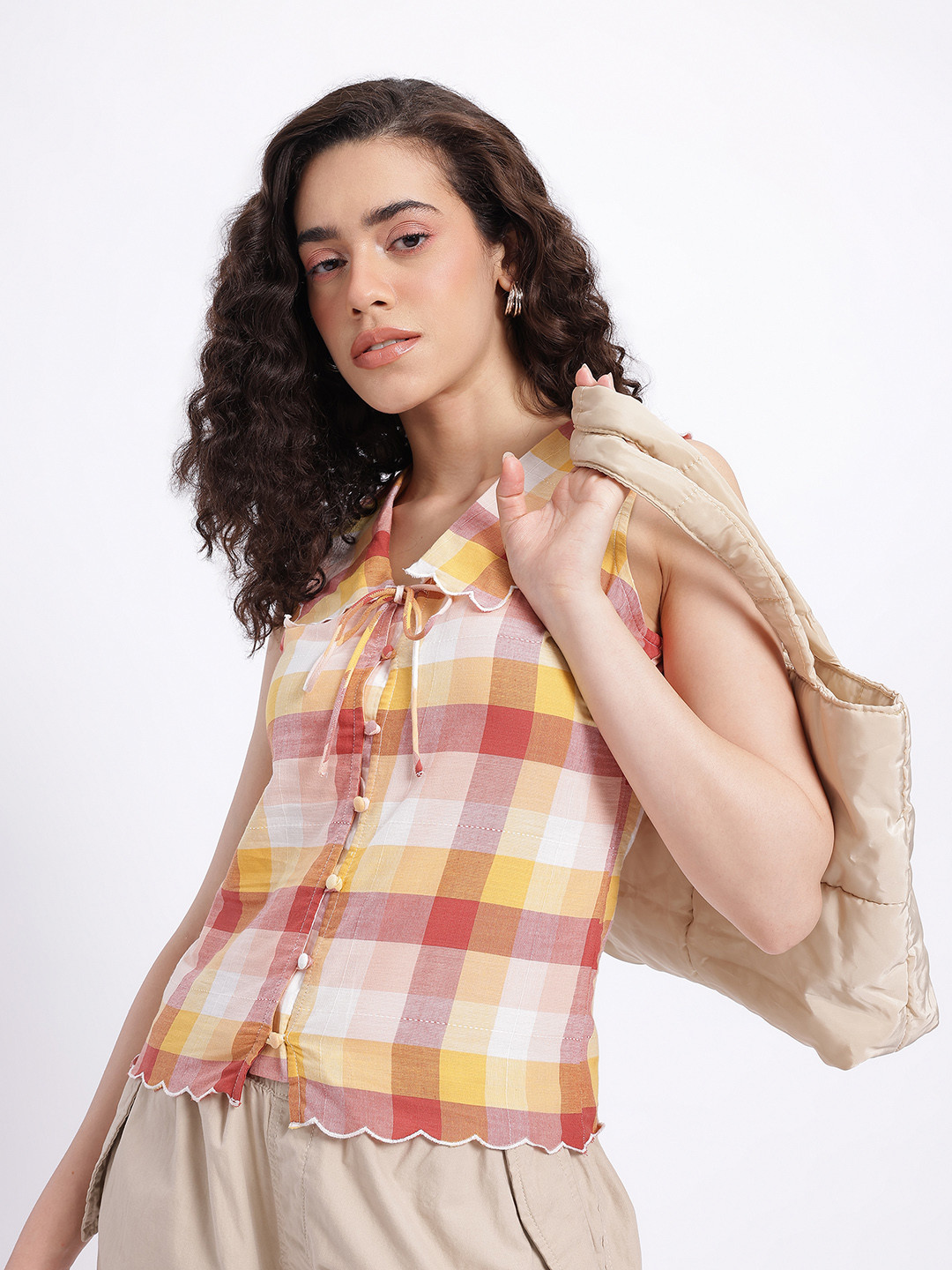 glitchez Over The Keyboard Checked Top With Tie-Up Detail