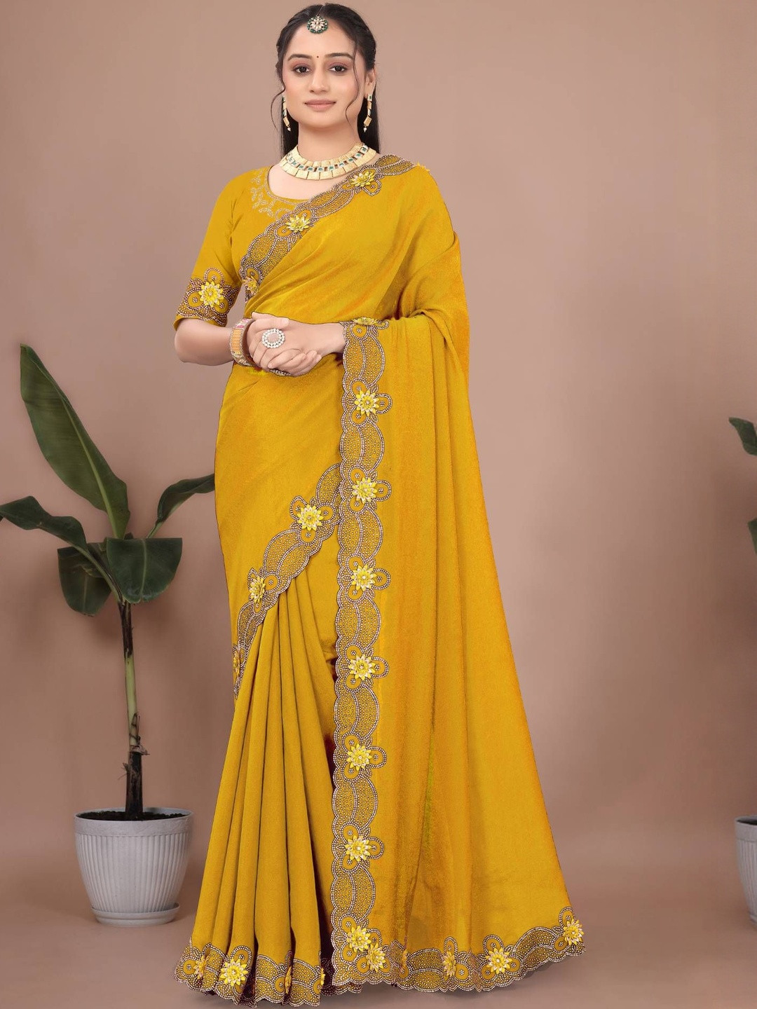 Rovera nx Beads and Stones Embellished Border Satin Saree With Unstithced Blouse Piece