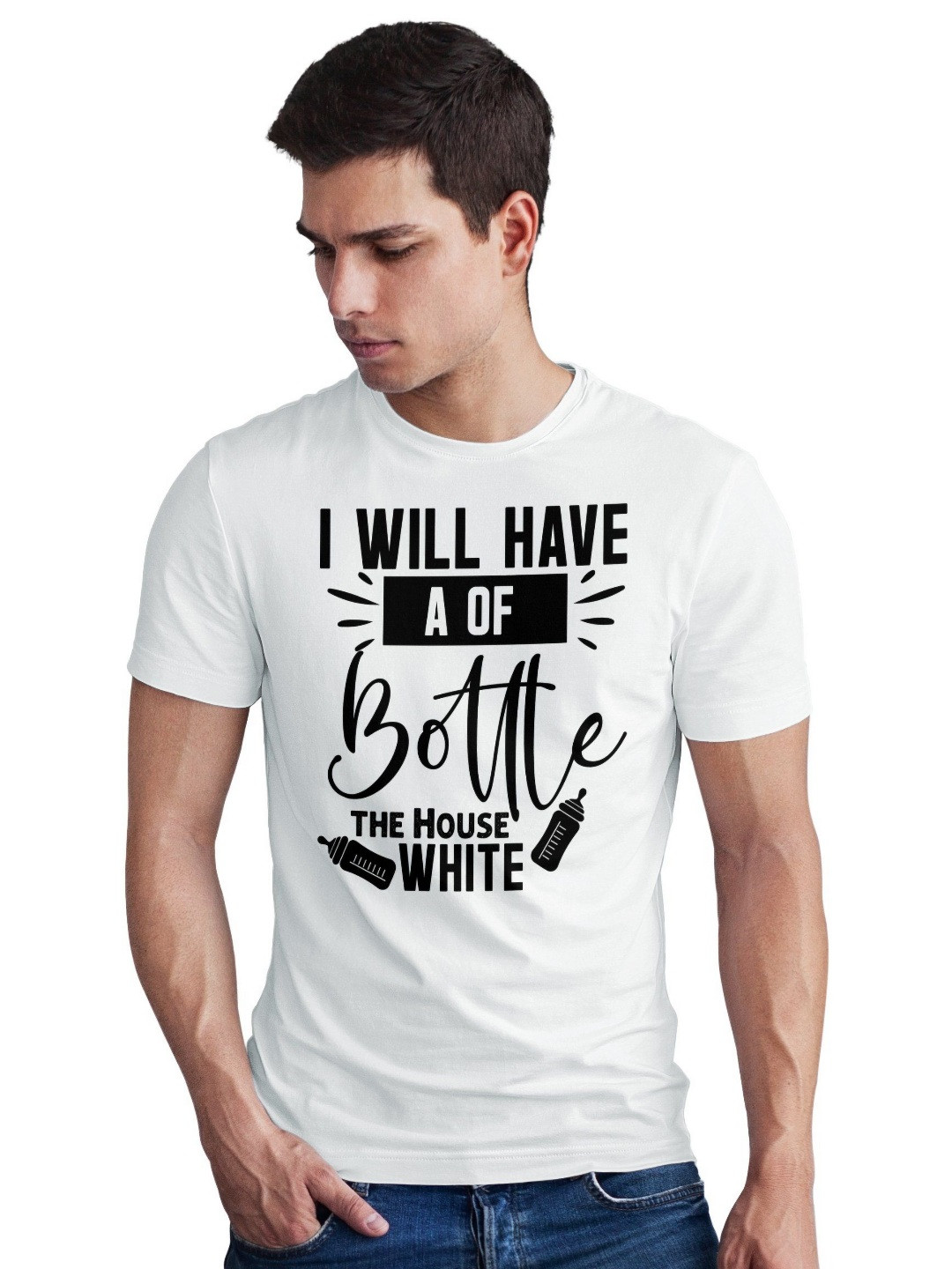 Seekbuylove Men Bio Finish Bottle The House White Round Neck Pure Cotton T-shirt