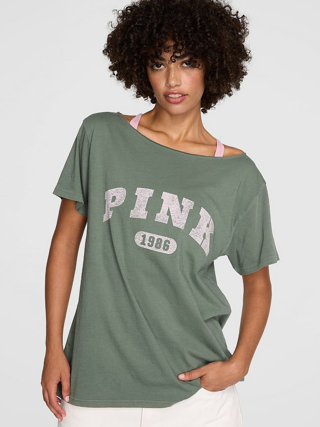 Victoria's Secret PINK Women Typography Printed Boat Neck Pure Cotton T-shirt
