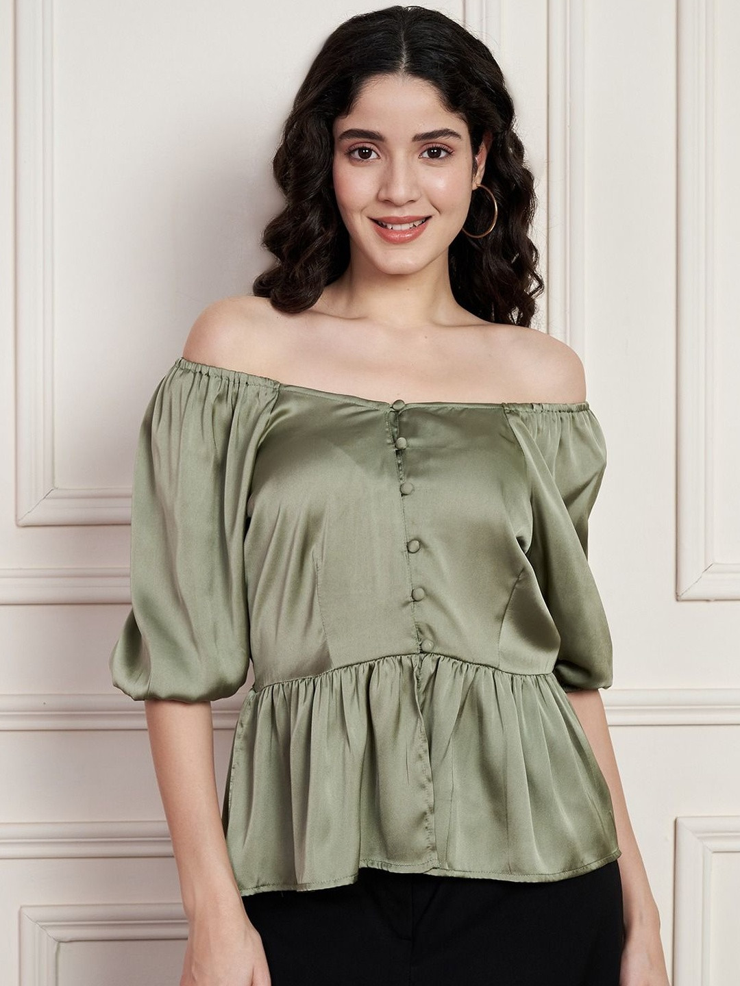 SZN Women Off-Shoulder Puff Sleeve Satin Peplum Top
